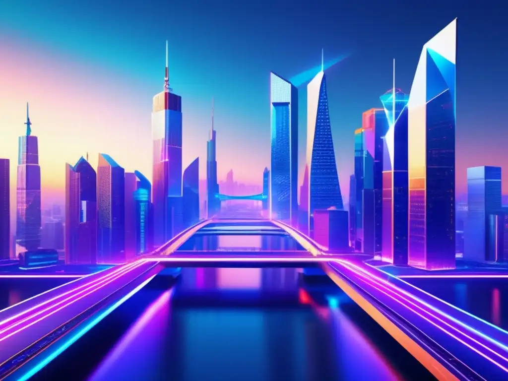 Una ciudad futurista con rascacielos de formas geométricas, conectados por puentes y pasarelas, iluminada en colores vibrantes