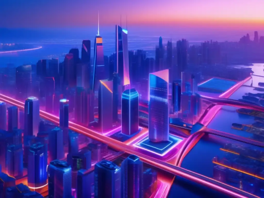 Una ciudad futurista y vibrante se ilumina al anochecer