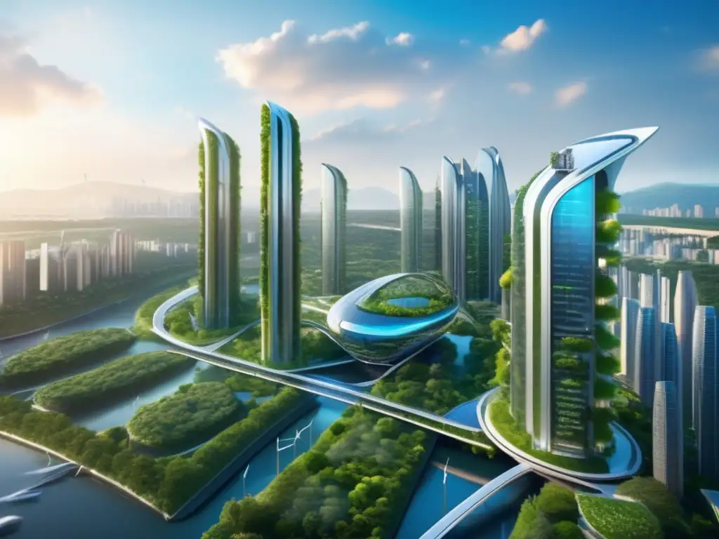 Una ciudad futurista vibrante y verde se despliega ante tus ojos