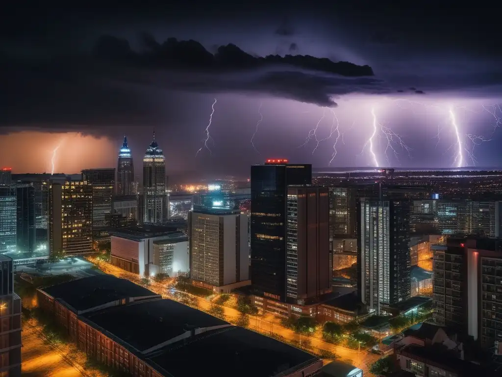 Una ciudad iluminada por luces brillantes se encuentra en medio de una tormenta eléctrica