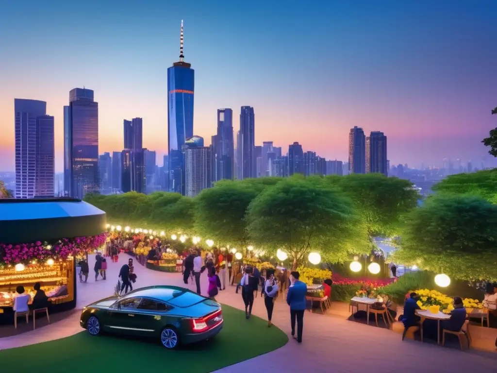 Una ciudad vibrante y cautivadora al atardecer, con rascacielos iluminados y un parque verde exuberante