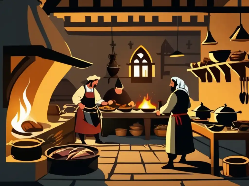 En una cocina medieval europea, sirvientes y cocineros preparan un festín real