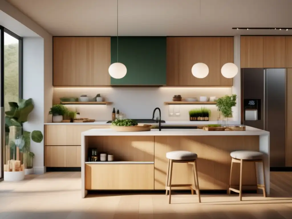 Una cocina moderna y ecológica en 8k, con diseño minimalista y materiales sostenibles