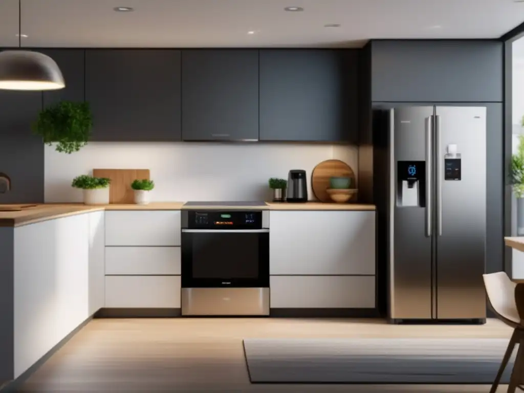 Una cocina moderna y energéticamente eficiente, con electrodomésticos etiquetados y un termostato inteligente