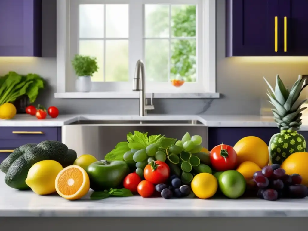 Una cocina moderna con electrodomésticos de acero inoxidable, encimera de mármol y una selección de frutas y verduras frescas y coloridas