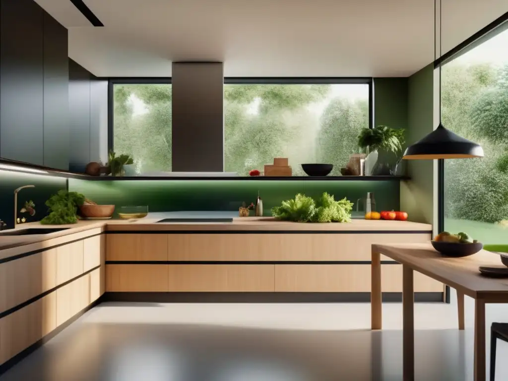 Una cocina moderna y ecológica, llena de luz natural y rodeada de un exuberante jardín verde