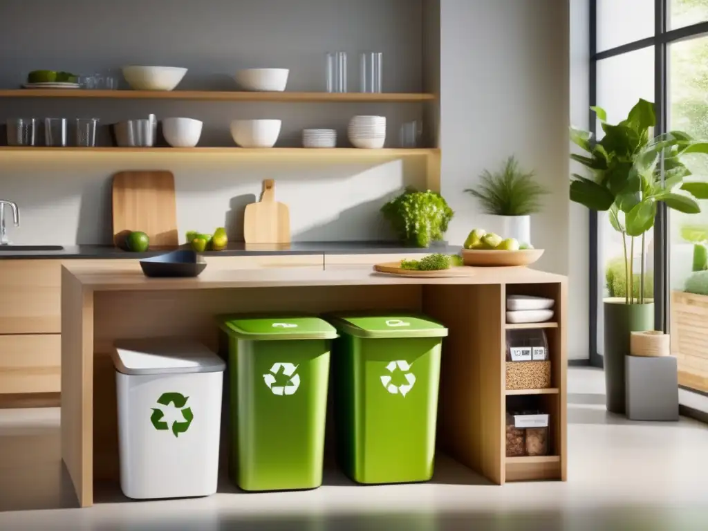 Una cocina moderna y vibrante con una estación de reciclaje bien organizada, materiales sostenibles y plantas verdes