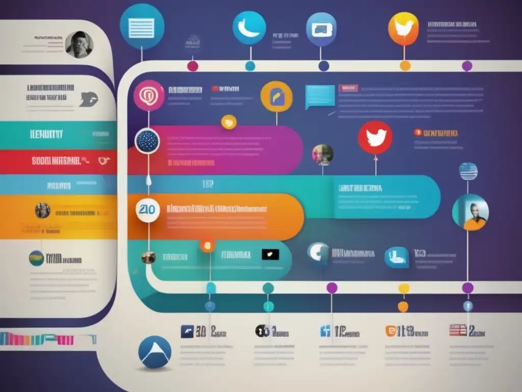 Un collage digital vibrante y moderno muestra la evolución de las redes sociales junto a hitos históricos