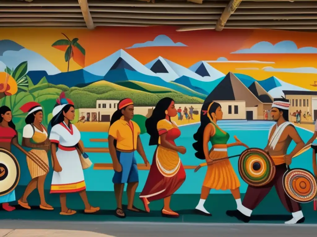 Un colorido mural que muestra la narrativa de la historia latinoamericana, con escenas de luchas y triunfos