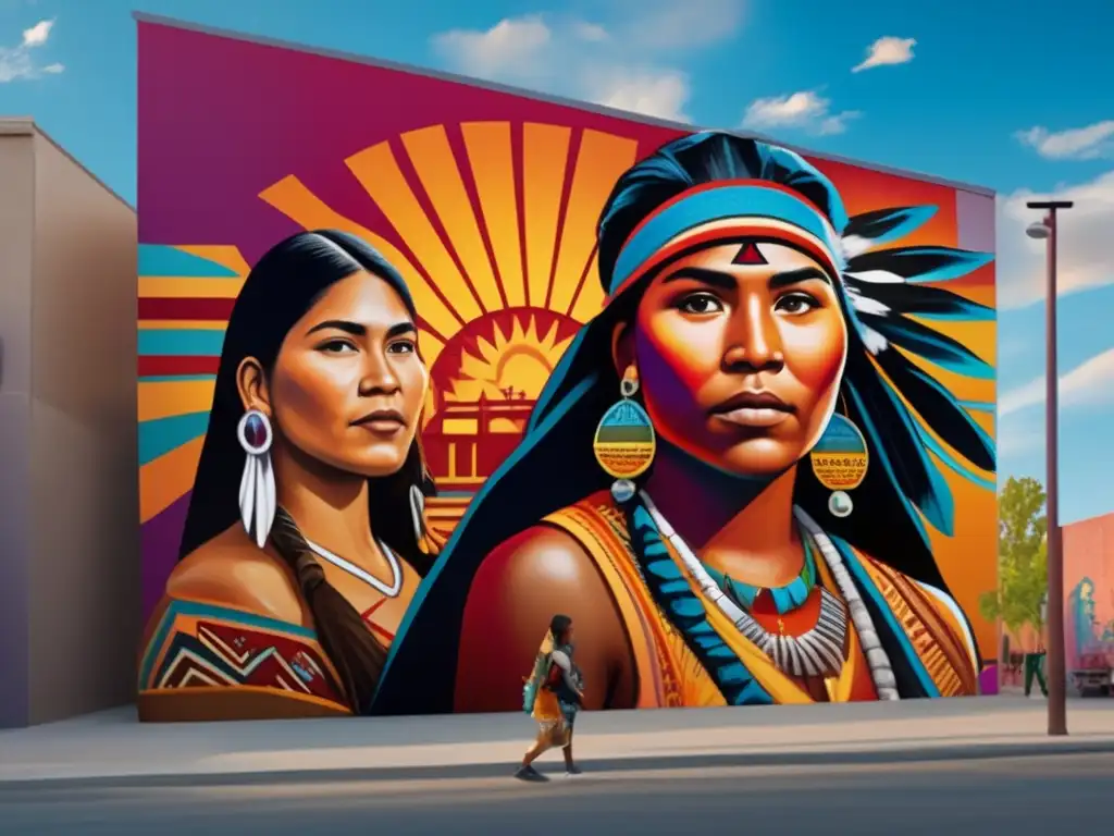 Un colorido mural urbano ilustra historias de resistencia indígena en América del Norte, con detalles y colores vibrantes