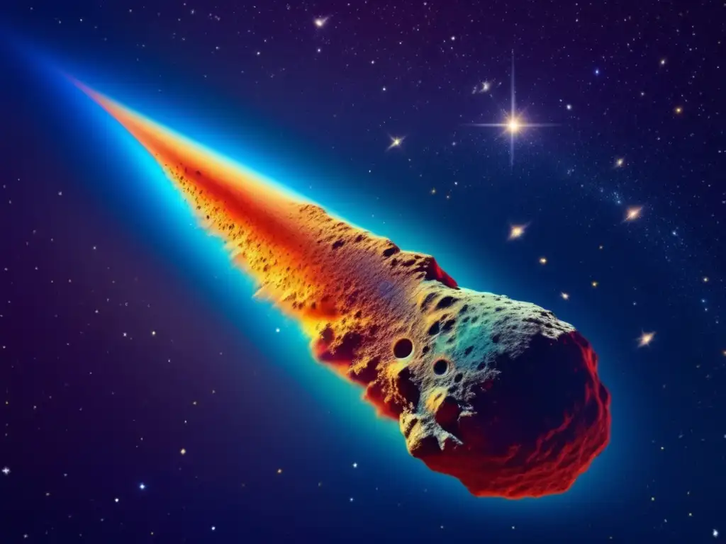 Un cometa masivo surca el espacio, con colores vibrantes y detalles intrincados