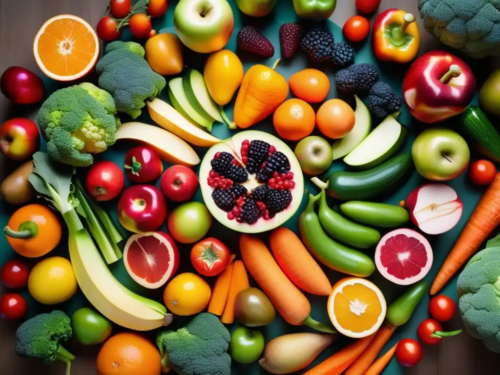 Una composición bellamente formada muestra una vibrante variedad de frutas y verduras coloridas dispuestas en un patrón circular