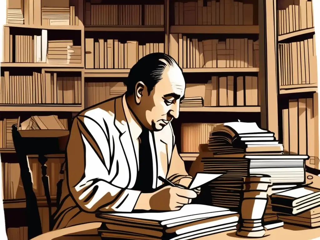 Pablo Neruda concentrado en su escritorio, rodeado de libros, sumido en inspiración dorada