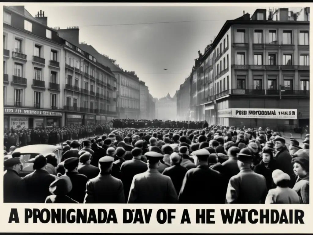 En una concurrida calle europea dividida, se ve un impactante cartel de propaganda en blanco y negro, reflejando la tensión de la Guerra Fría