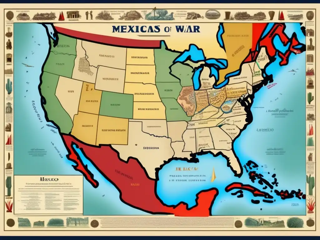 La ilustración detalla las consecuencias de la Guerra México-Estados Unidos en el territorio, con mapas y representaciones simbólicas