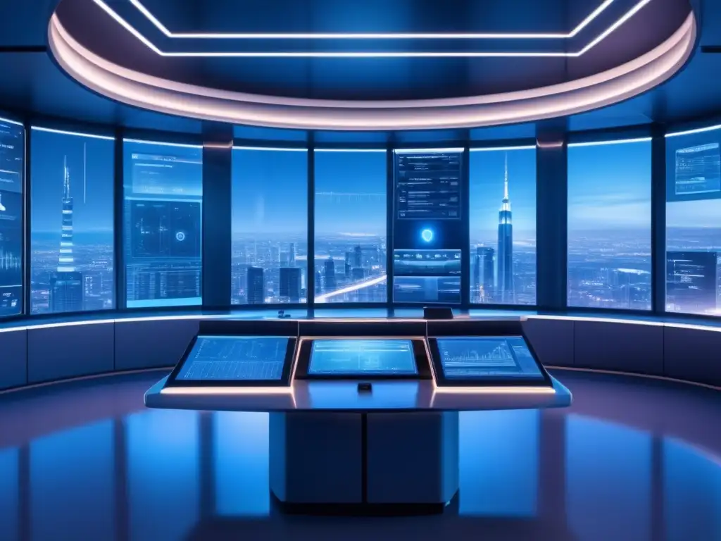 Un control room futurista de alta resolución 8k, bañado en un suave tono azul, con vista panorámica de una ciudad bulliciosa a través de ventanales de piso a techo