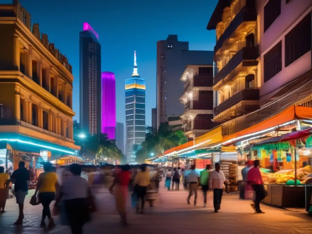 Una crónica urbana Latinoamérica narrativa: bulliciosa calle nocturna, iluminada por luces de edificios altos y coloridos puestos callejeros