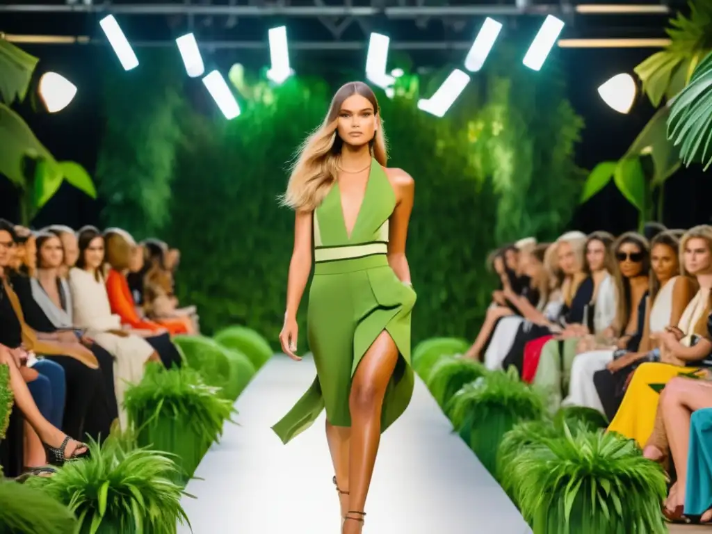 Un desfile de moda sostenible con impacto ambiental, modelos lucen prendas eco-friendly en medio de exuberante vegetación