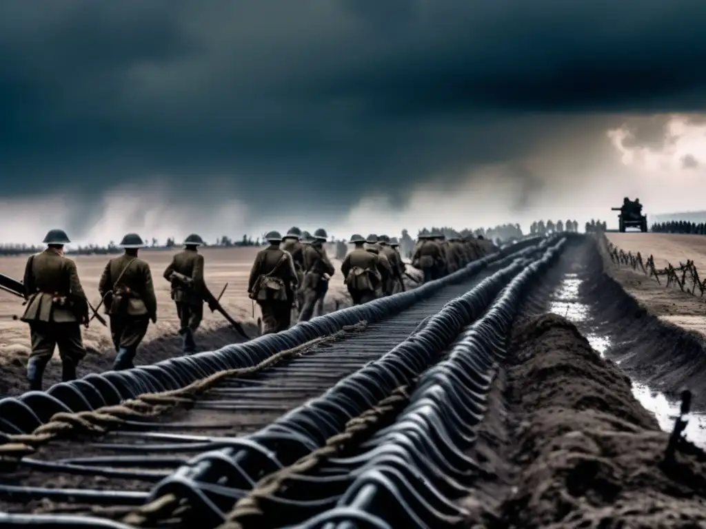 Un desgarrador retrato de la Primera Guerra Mundial, con soldados en trincheras y un sombrío paisaje de batalla