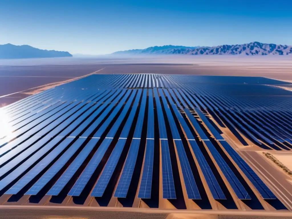 Desde el desierto, un vasto campo solar deslumbra bajo el cielo azul