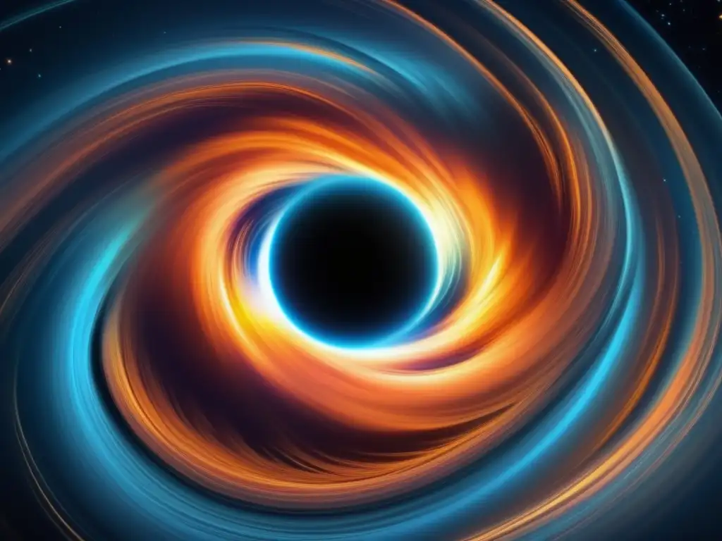 Un deslumbrante y detallado 8k de un disco de acreción giratorio y luminoso alrededor de un agujero negro masivo, con colores vibrantes y detalles intrincados que muestran la inmensa atracción gravitatoria y la naturaleza misteriosa de estos fenómenos cósmicos