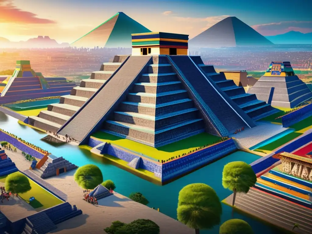 Una deslumbrante imagen en 8k de la antigua ciudad de Tenochtitlan, capital del Imperio Azteca, con sus canales, mercados y templos piramidales