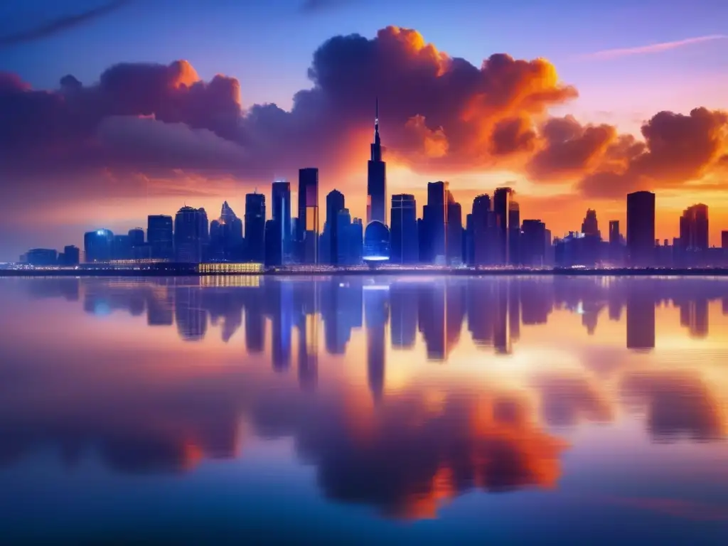 Un deslumbrante paisaje urbano al atardecer, con rascacielos que reflejan los cálidos tonos del sol