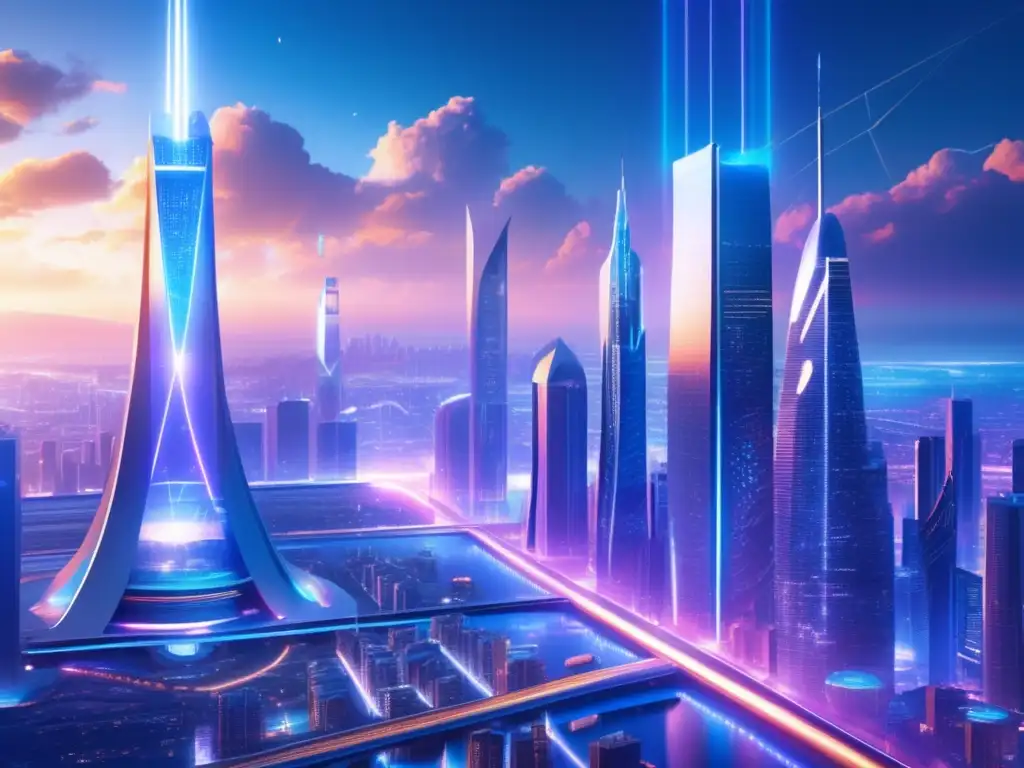 Un deslumbrante paisaje urbano futurista en 8k, con rascacielos elegantes y hologramas matemáticos