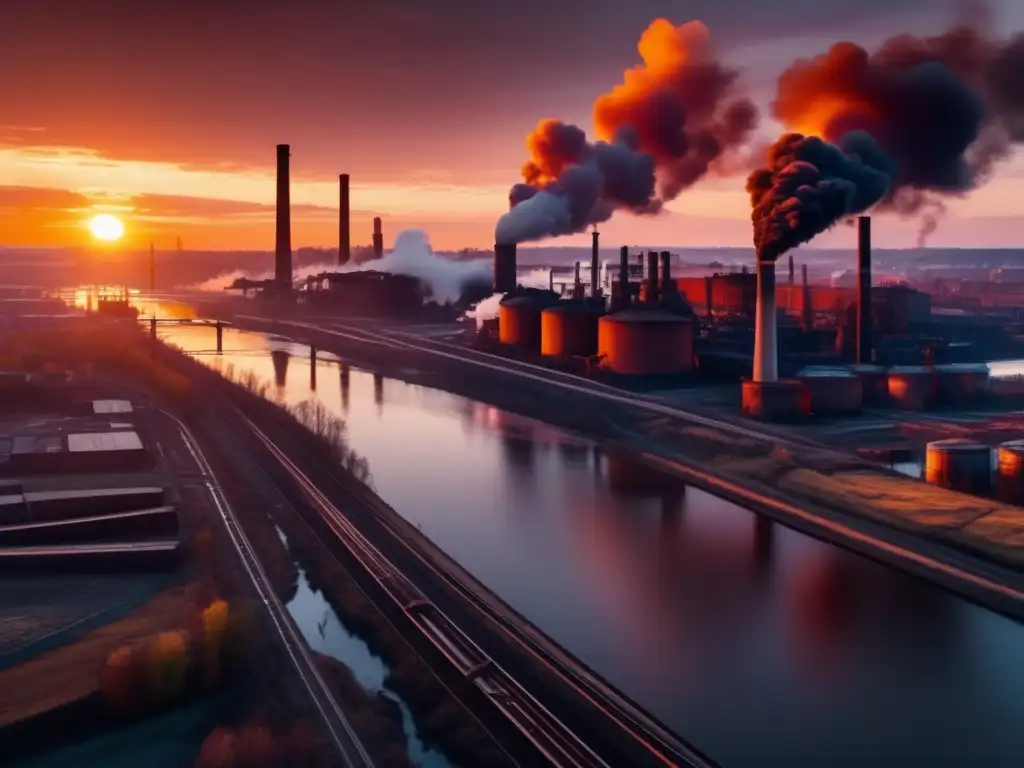 Un deslumbrante paisaje en 8k muestra una vista panorámica de una zona industrial contaminada al atardecer