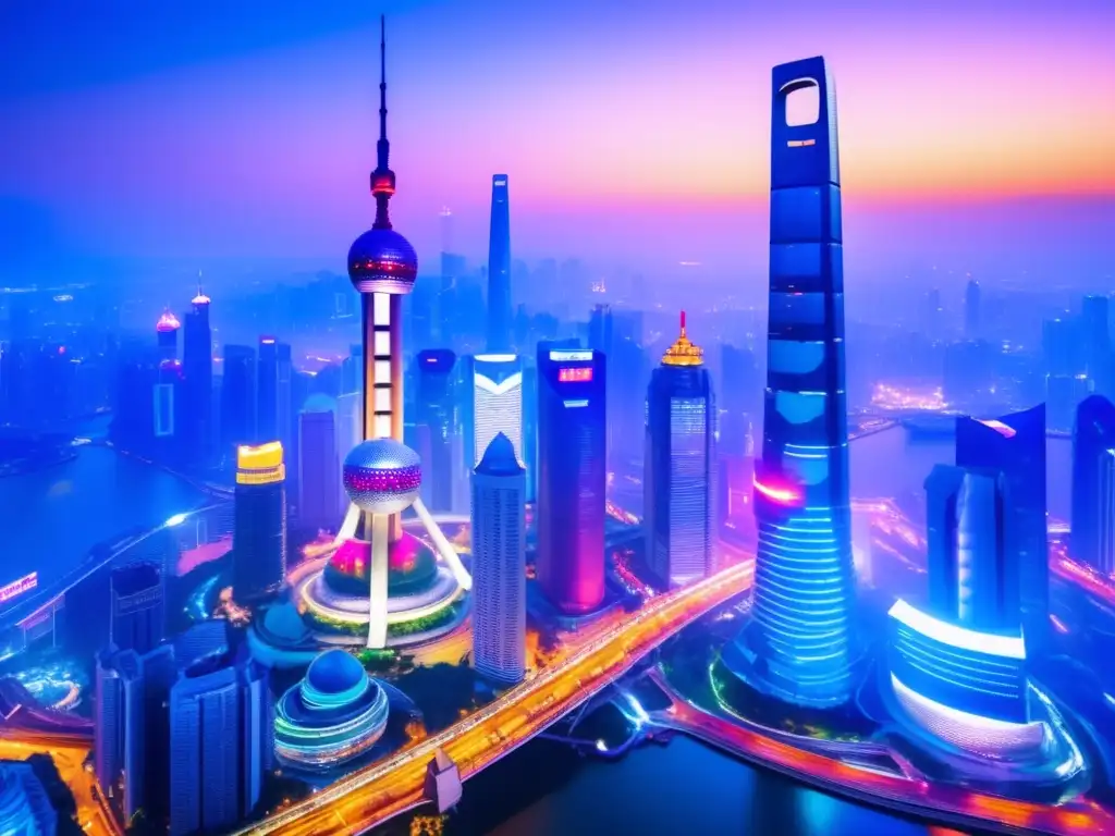 Una deslumbrante vista nocturna de Shanghai, con la icónica Torre Perla Oriental y futuristas rascacielos dominando el horizonte