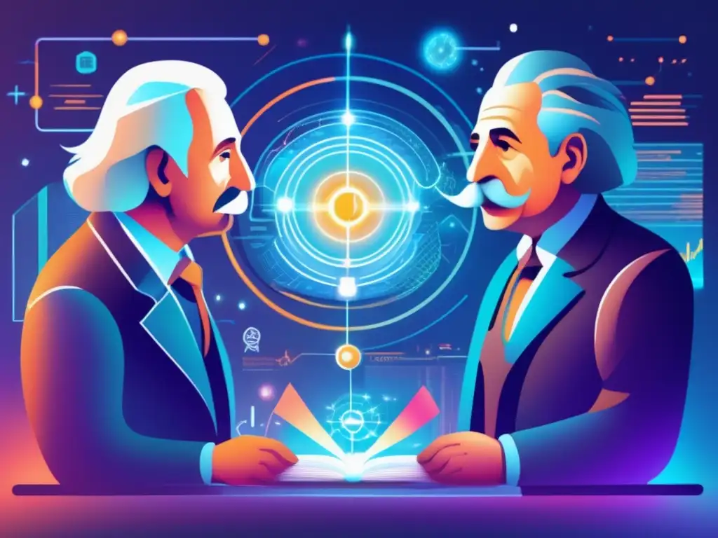 Dos destacados científicos, Einstein y Bohr, inmersos en una discusión profunda sobre Mecánica Cuántica y Teoría de la Relatividad