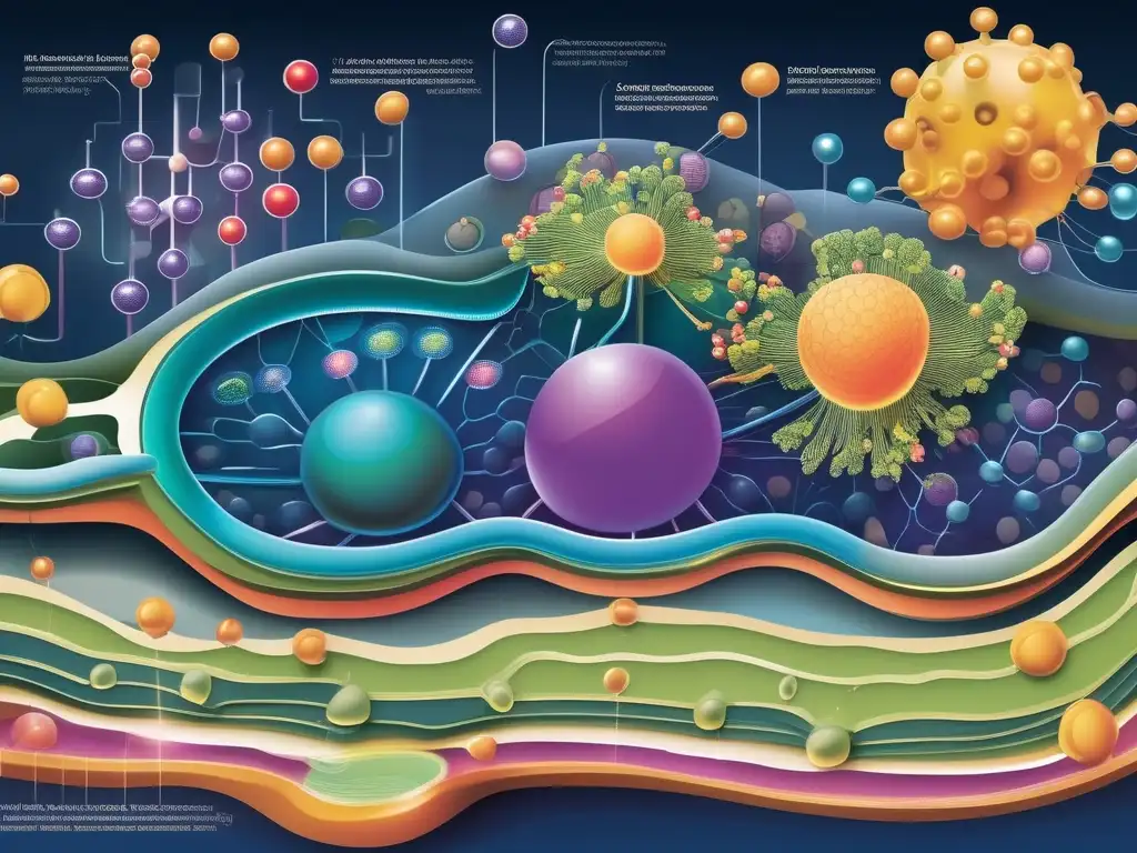 La ilustración detallada muestra la compleja señalización celular a nivel molecular, con una membrana celular activa y colorida