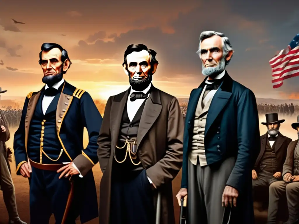 Detallada ilustración digital de la Guerra Civil Americana con Lincoln, Davis, Grant y Lee