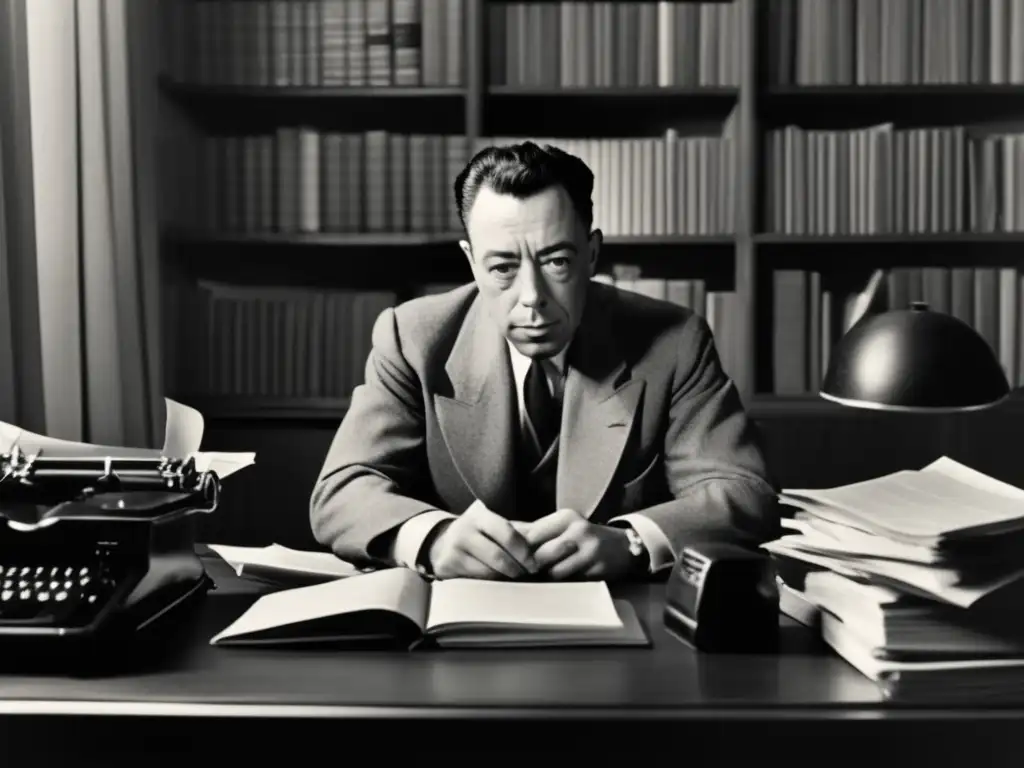 Una detallada imagen 8k de una fotografía en blanco y negro vintage de Albert Camus en su escritorio, rodeado de libros y papeles