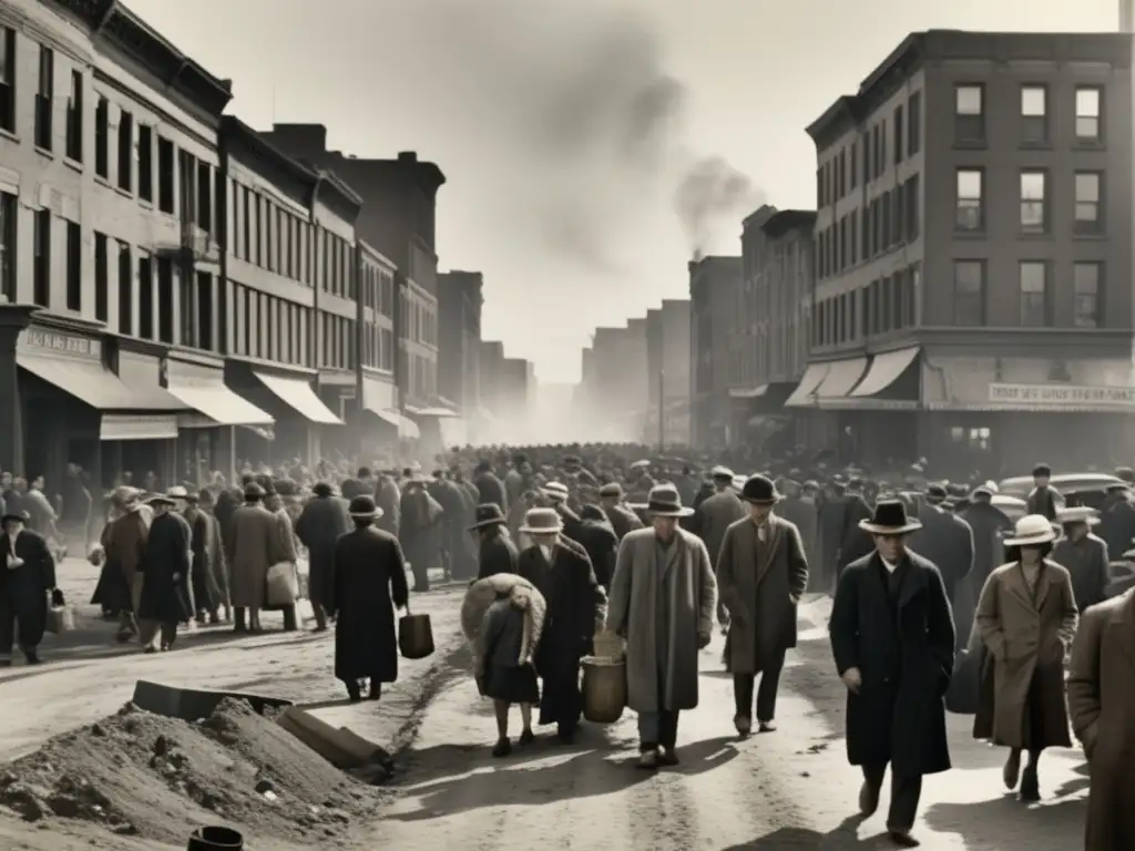 Una detallada imagen de una calle abarrotada y desolada durante la Gran Depresión, con edificios en ruinas y personas vestidas con ropas desgastadas, evocando la sensación de desesperanza y dificultad económica de la época