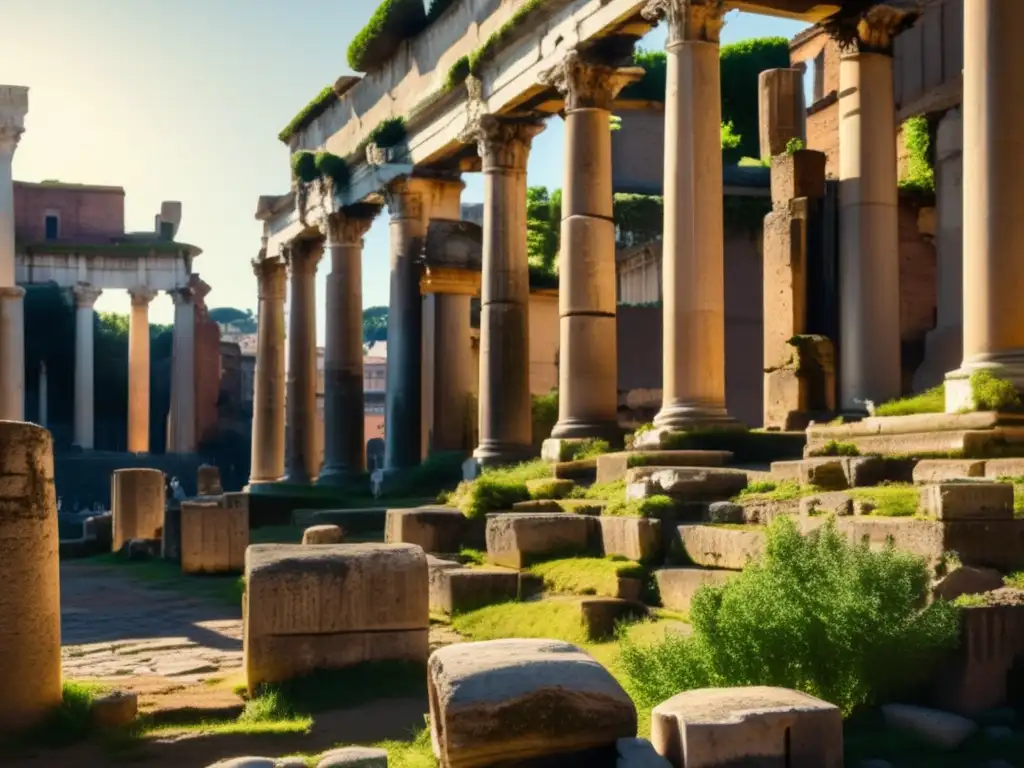 Detallada imagen de las ruinas del Foro Romano, con grabados e detalles arquitectónicos visibles en alta definición