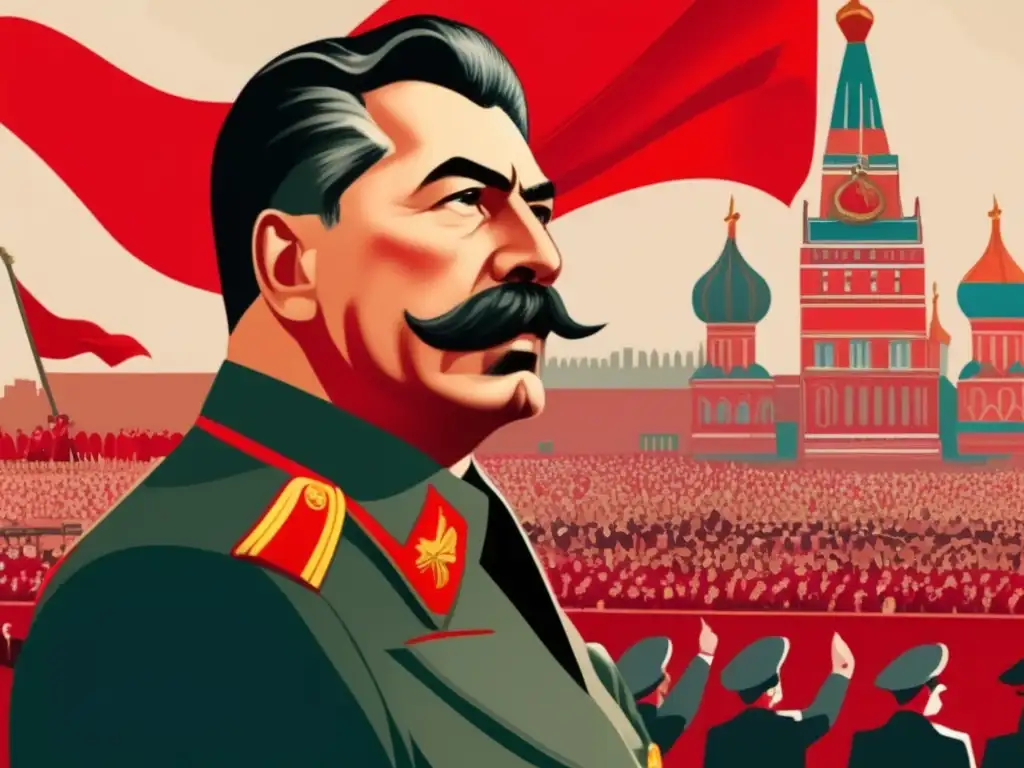 Ilustración detallada y moderna de Joseph Stalin dirigiéndose a una multitud en la Plaza Roja, con la bandera soviética ondeando al fondo