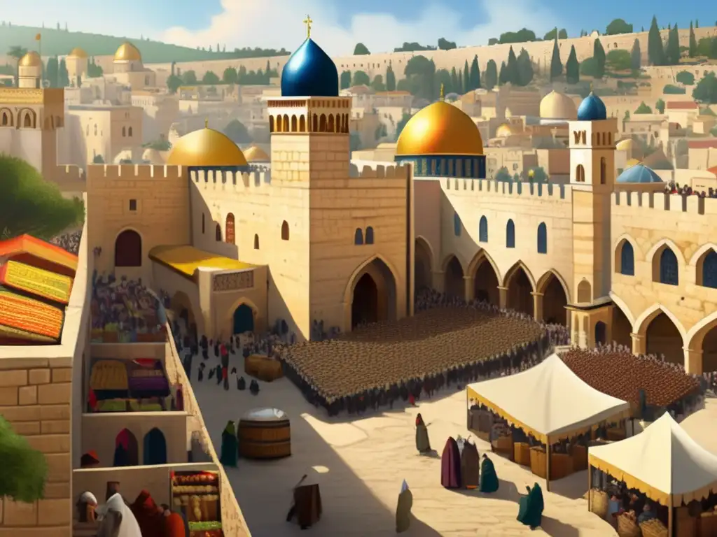 Una detallada pintura digital de la ciudad medieval de Jerusalén en la época de las Cruzadas, con bulliciosos mercados, imponentes murallas de piedra y una mezcla de habitantes cristianos, musulmanes y judíos, reflejando las tensiones políticas y religiosas de la época