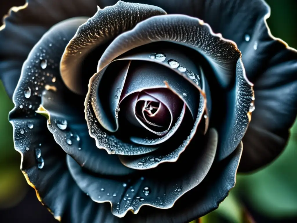 Una fotografía detallada de una rosa marchita con gotas de rocío, capturando el simbolismo de Baudelaire en 'Les Fleurs du Mal'