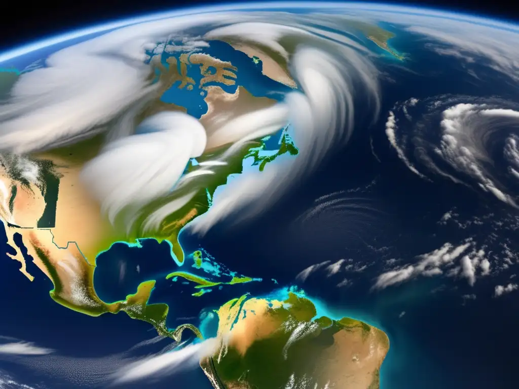 Un detallado satélite muestra la atmósfera terrestre, con patrones de corrientes de aire, formaciones de nubes y el equilibrio de gases