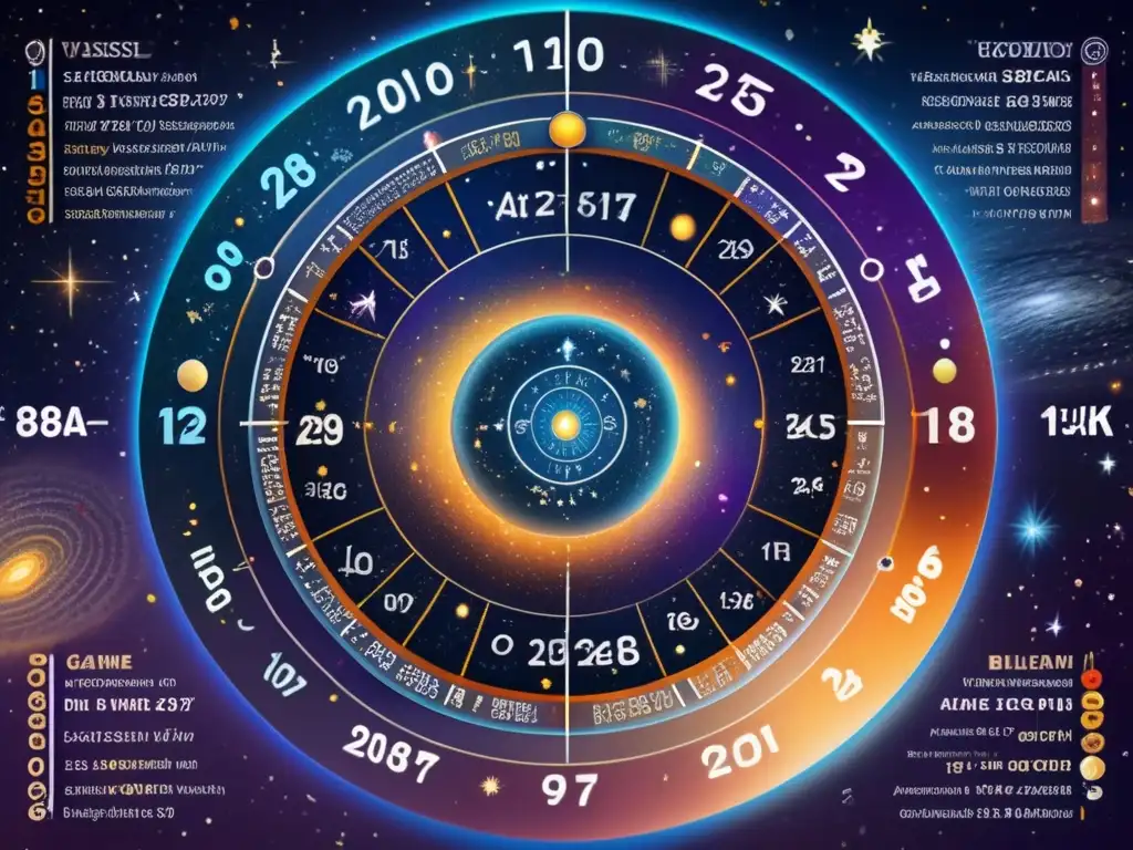 Un detallado calendario cósmico en 8k muestra la evolución del universo desde el Big Bang, con patrones celestiales y colores vibrantes