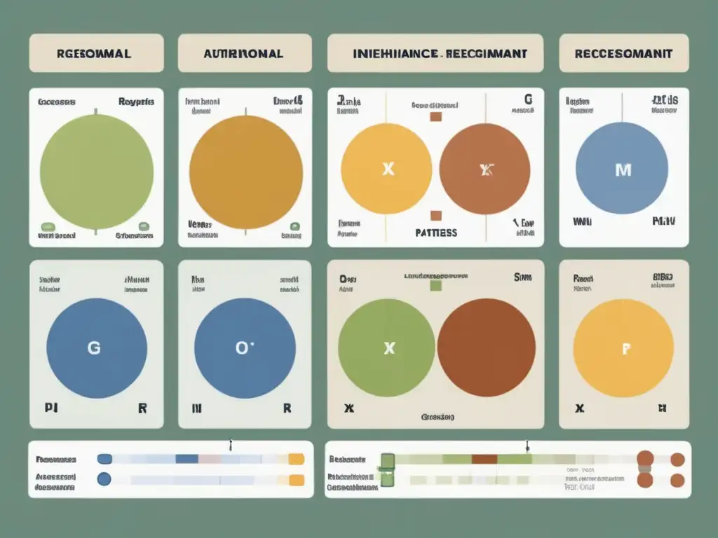 Un detallado diagrama de cuadrados de Punnett mostrando varios patrones de herencia, con genotipos codificados por colores