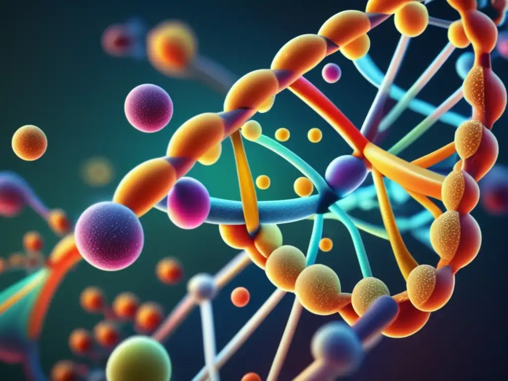 Un detallado 8k de una estructura molecular colorida y dinámica, con vibrantes hebras interconectadas que representan ADN y ARN, rodeadas de detalles microscópicos de organelos celulares y moléculas