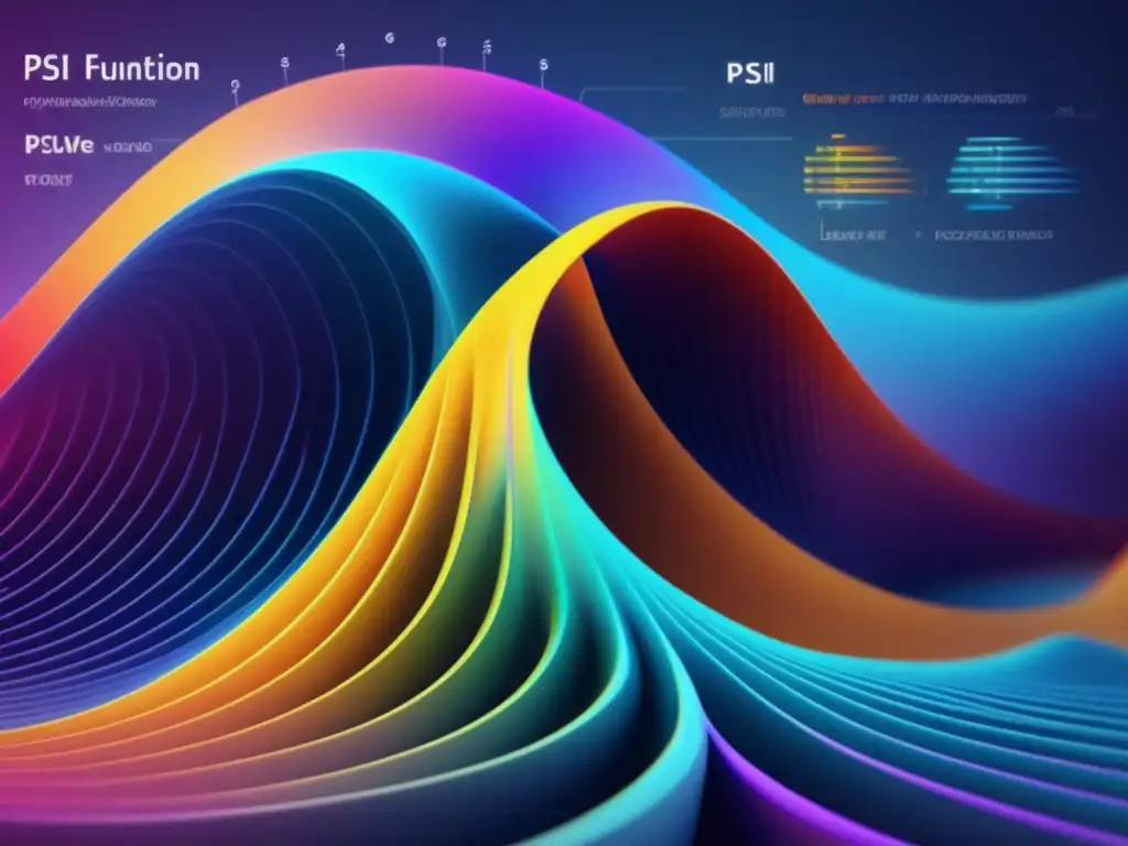 Un detallado gráfico de función de onda Psi con patrones intrincados y colores vibrantes, rodeado de ecuaciones y símbolos científicos