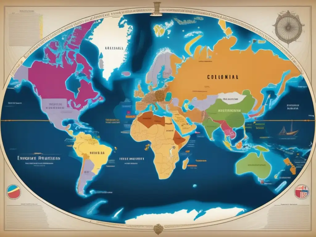 Un detallado mapa del mundo resalta las áreas de expansión colonial europea, mostrando el impacto en rutas comerciales y explotación económica