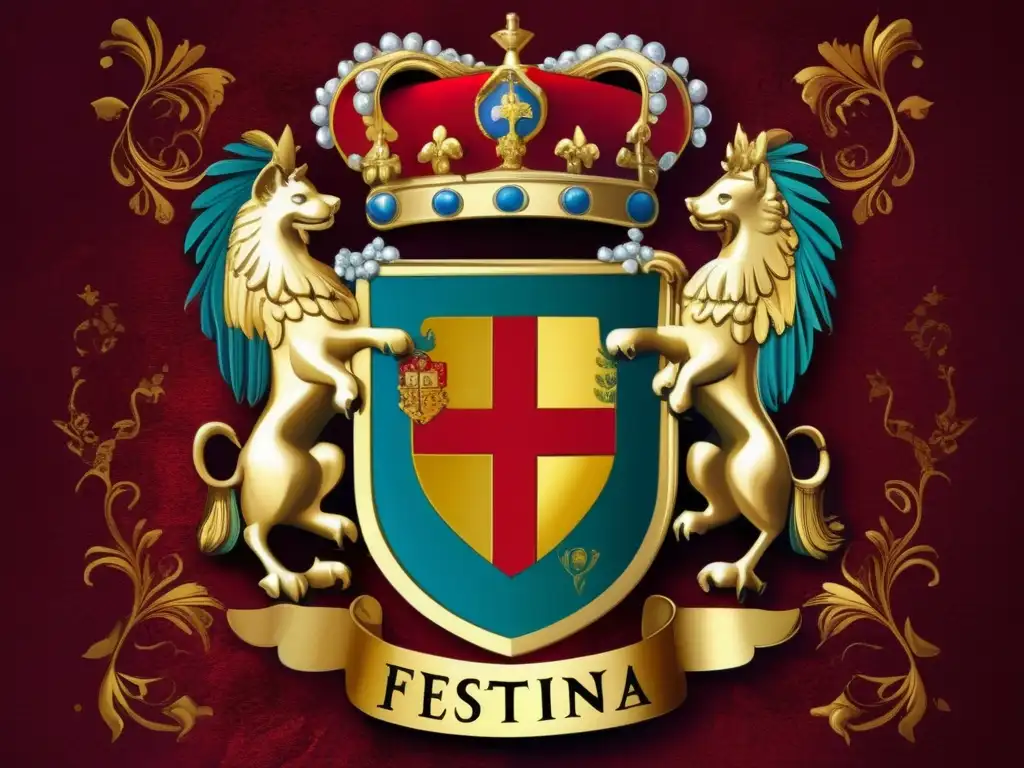 Un detallado y moderno cuadro digital del escudo de armas de la familia Medici, con detalles de hojas de oro y colores vibrantes