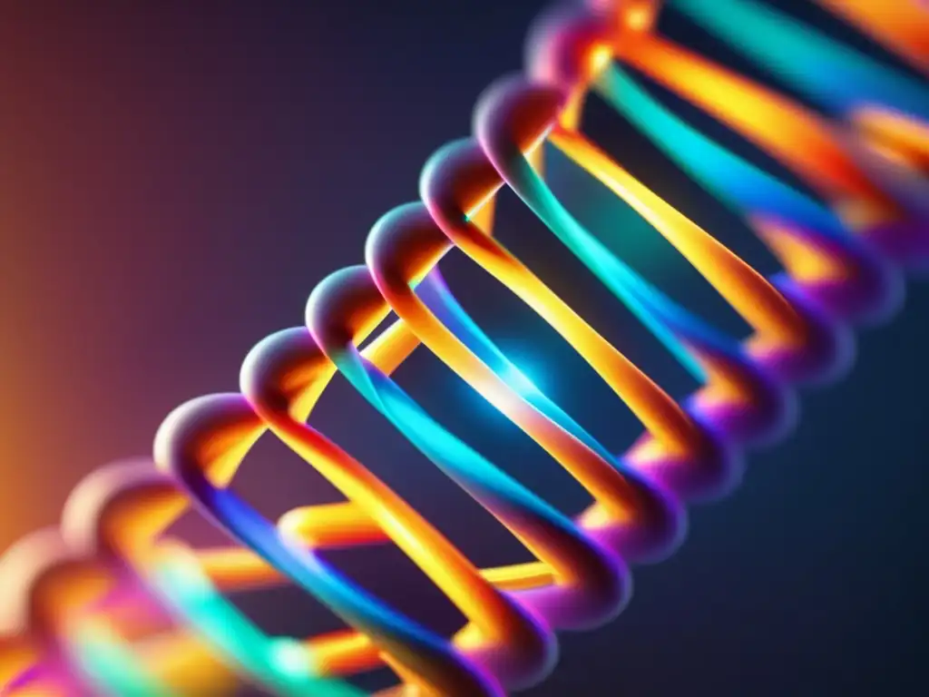 Un detallado 8k ultra acercamiento de una estructura de doble hélice de ADN, con colores vibrantes que representan las diferentes nucleobases