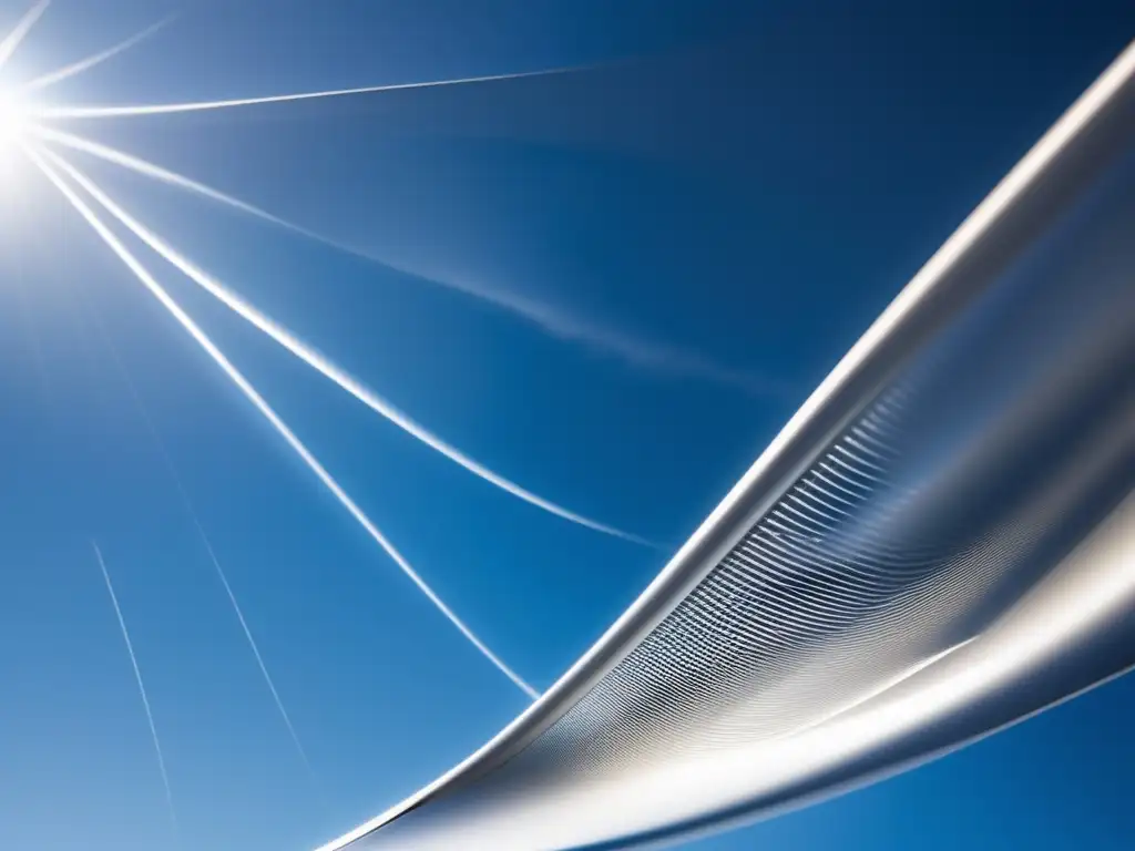 Detalle de ala de avión con sombras dinámicas sobre su superficie curva, en el cielo azul