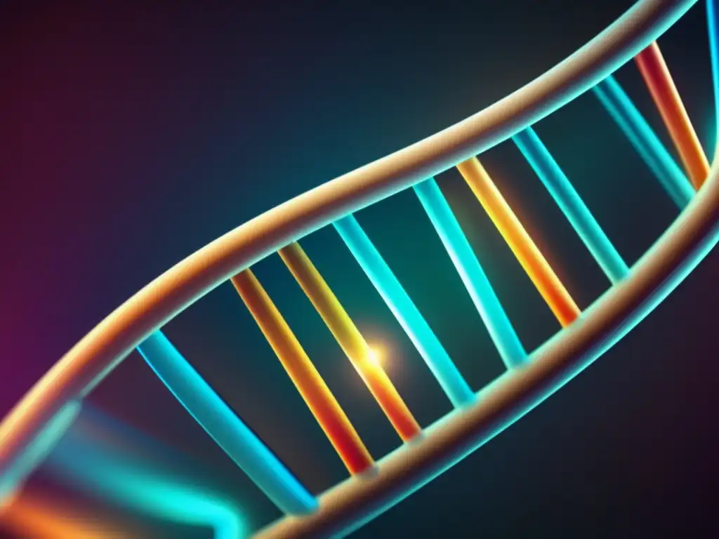 Un detalle increíble de la estructura de doble hélice del ADN, con colores vibrantes y una sutil luminosidad