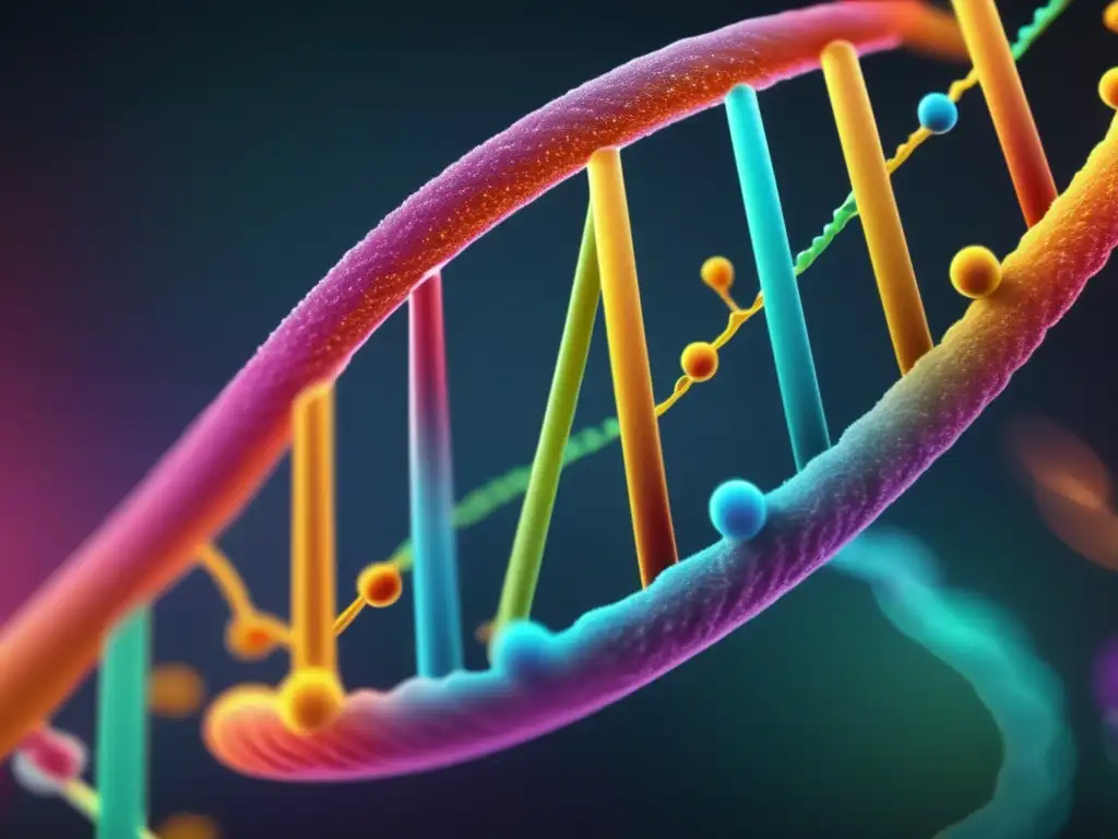 Un detalle ultrafino de la transcripción inversa en virología, mostrando la compleja estructura molecular de ARN y ADN con colores vibrantes y movimiento dinámico